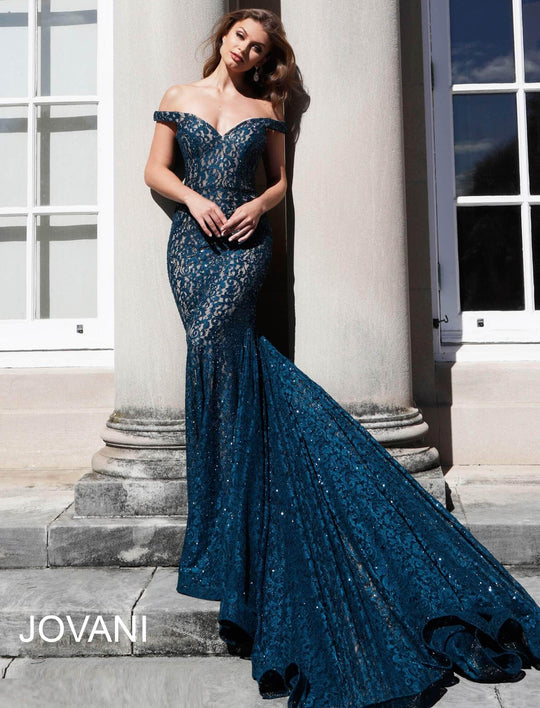 Jovani 64521 Lace Off-Shoulder Mermaid Dress With Train