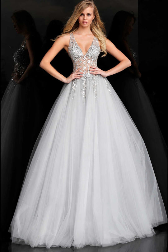 Jovani 65379 - Crystal Embellished Plunging V-neck Ballgown