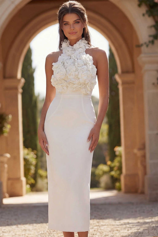 Jovani Bridal 48214 - Floral Halter Tea-Length Sheath Dress