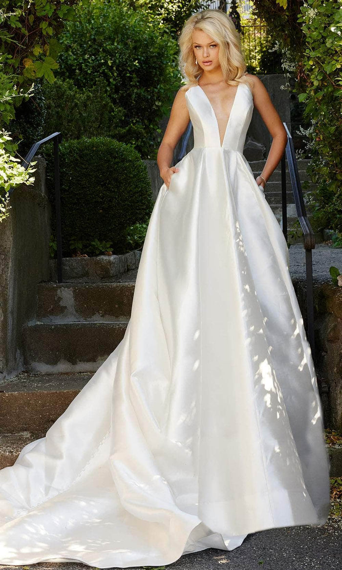 Jovani Bridal JB05400 - Satin V-Neck Bridal Gown Bridal Dresses 00 / Off-White