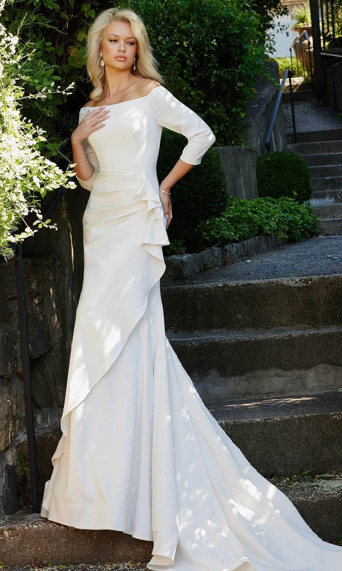 Jovani Bridal JB07456 - Quarter Sleeve Draped Bridal Gown Bridal Dresses 00 / Off-White