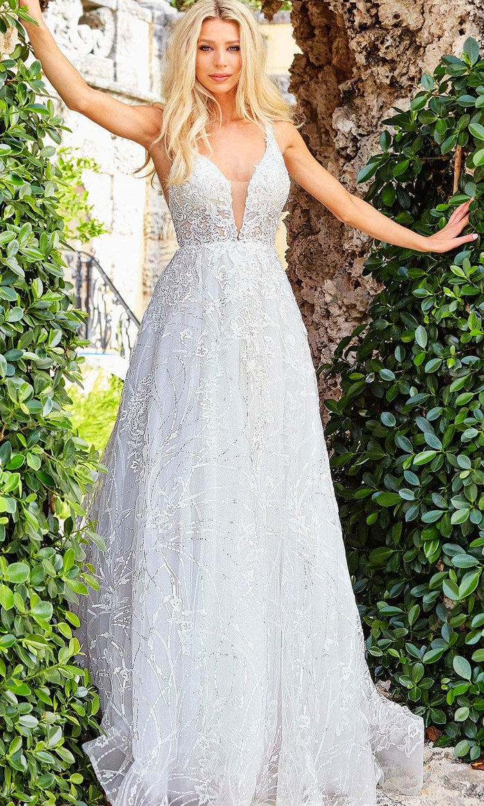 Jovani Bridal JB07646 - Glitter Lace V-Neck Bridal Gown Bridal Dresses 00 / Ivory