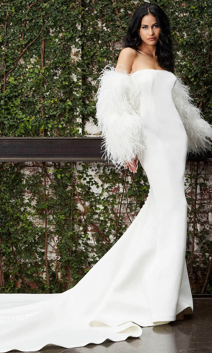 Jovani Bridal JB07651 - Feathered Sleeve Scuba Bridal Gown Bridal Dresses 00 / Off-White