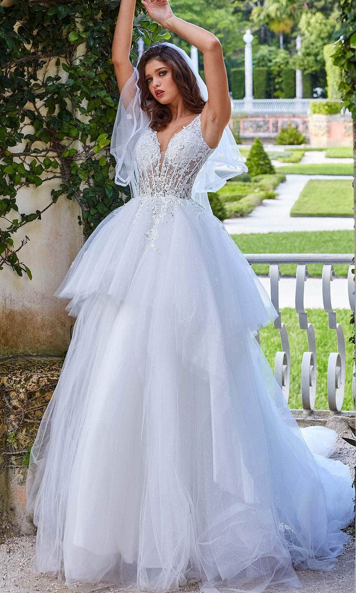 Jovani Bridal JB09393 - V-Neck Bustier A-Line Bridal Gown Bridal Dresses 00 / White