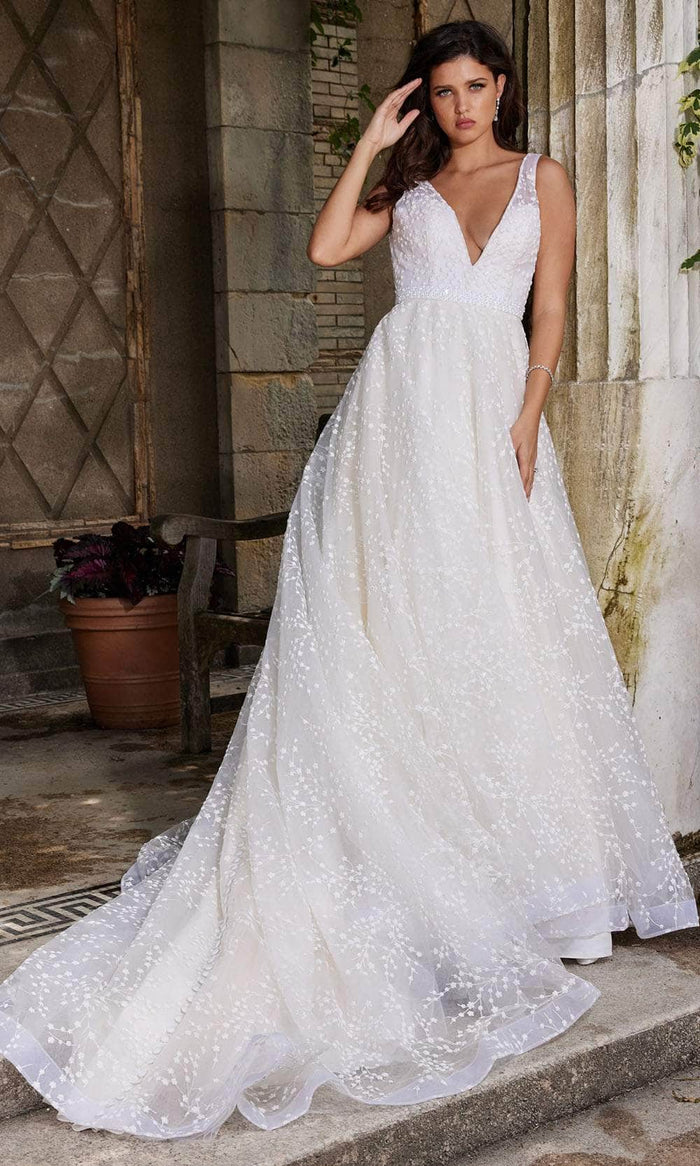 Jovani Bridal JB09491 - V-Neck Belted Waist Bridal Gown Bridal Dresses 00 / Off-White