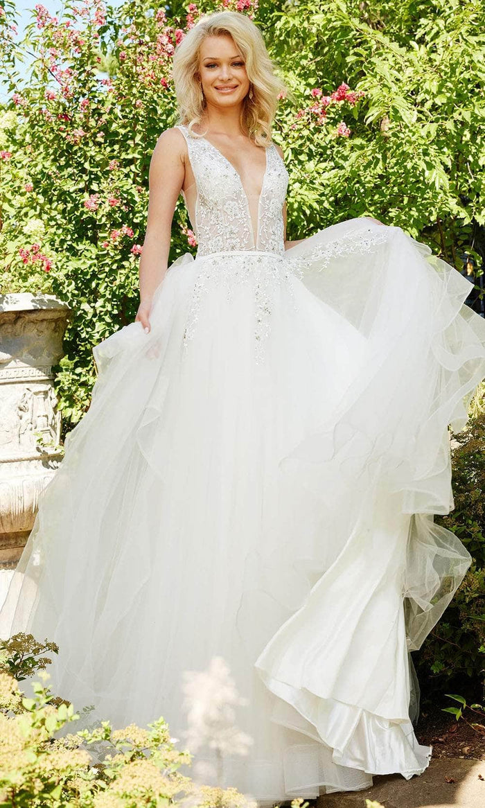 Jovani Bridal JB3500 - Plunging Floral Beaded Bridal Gown Bridal Dresses 00 / Off-White