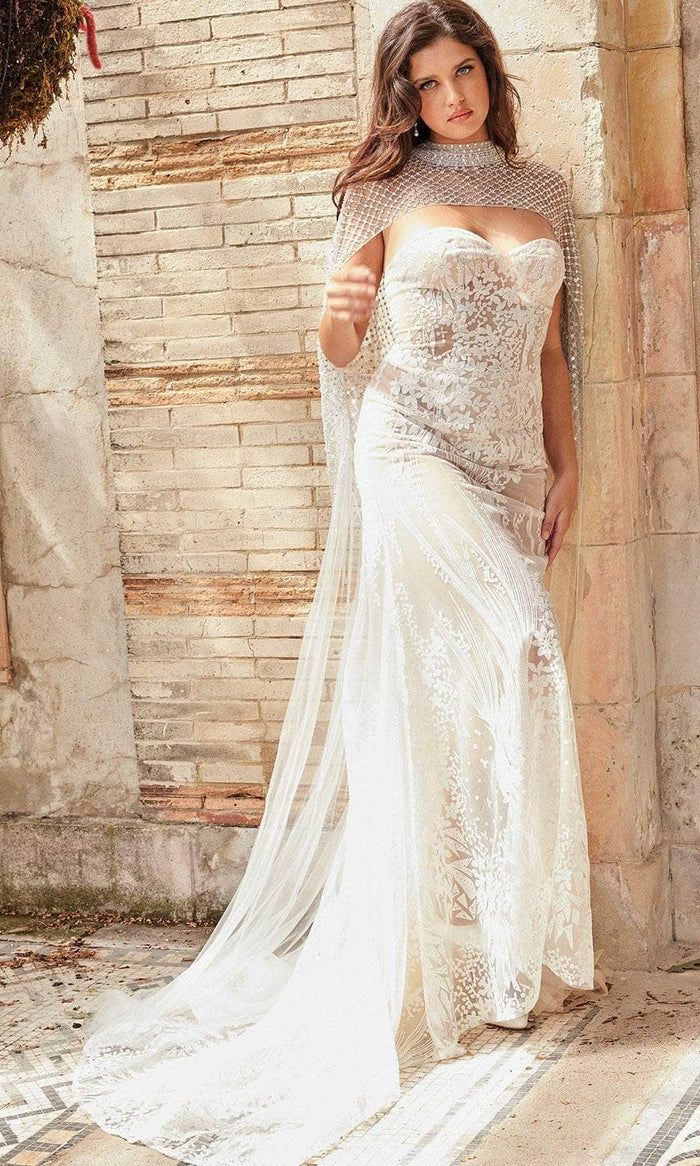 Jovani Bridal JB36547 - Beaded Cape Sweetheart Bridal Gown Bridal Dresses 00 / Off-White