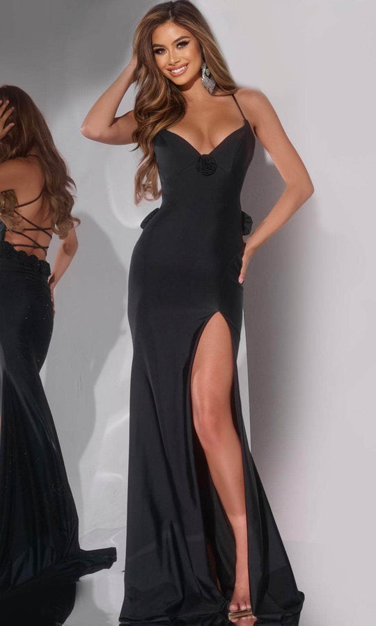 Jovani D5821 - Floral Detail Deep V-Neck Prom Gown