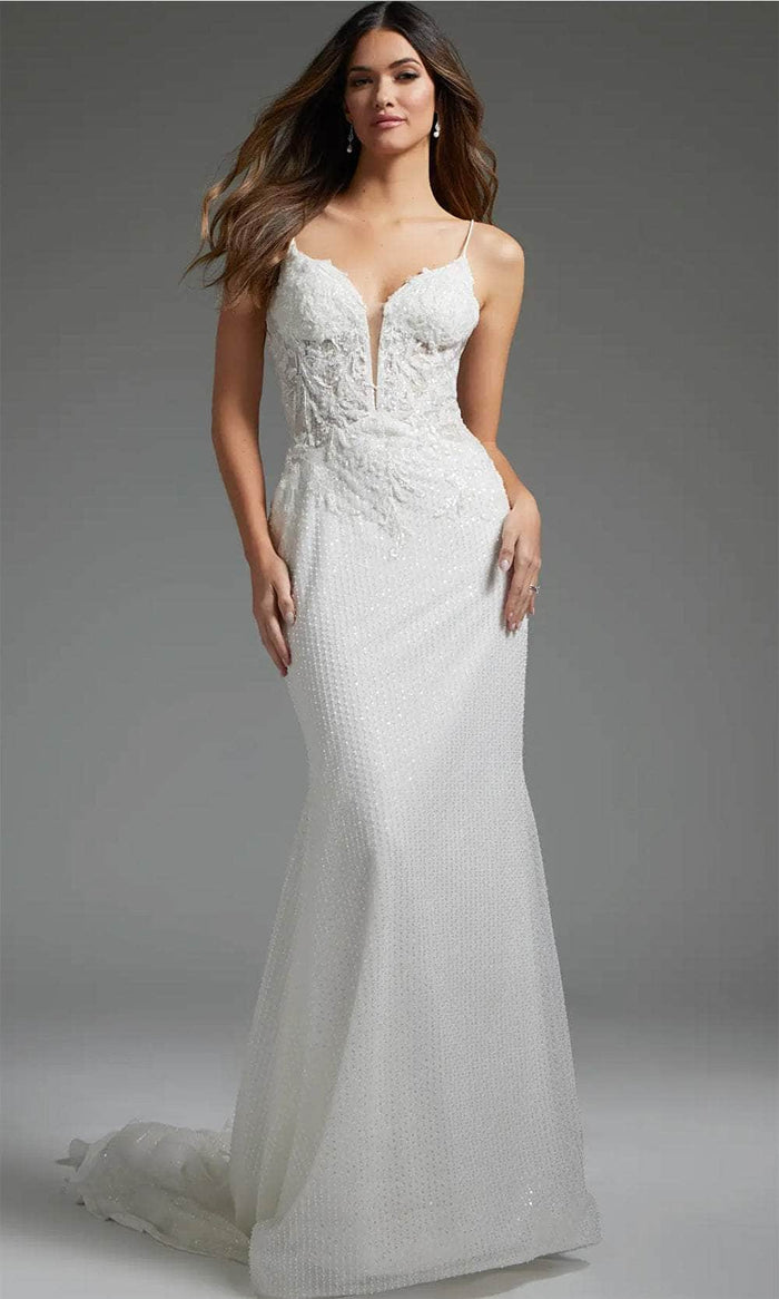Jovani JB40639 - Beaded Appliqued Plunging Bridal Gown Bridal Dresses 00 / Ivory