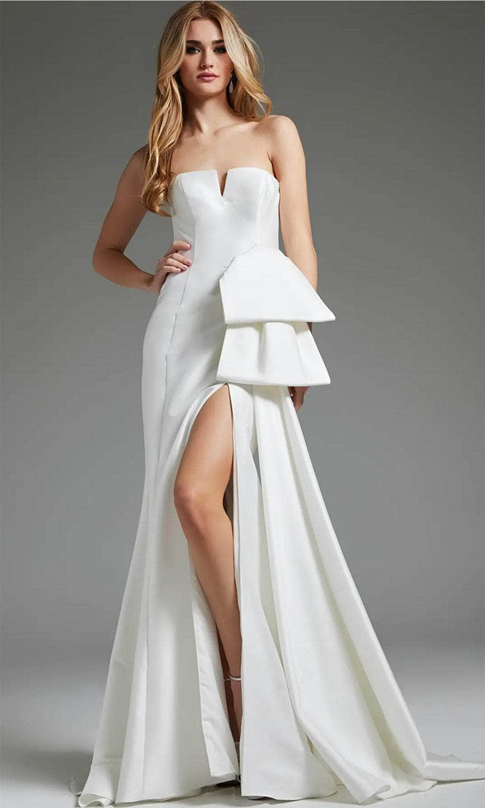 Jovani JB40791 - V-Neck Seamed High Slit Bridal Gown Wedding Dresses 00 / Off-White