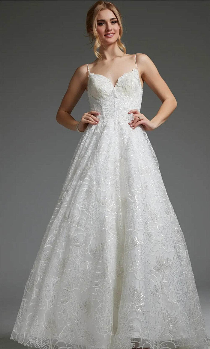 Jovani JB422225 - V-Neck Sequin Embroidered Bridal Gown Wedding Dresses 00 / Ivory
