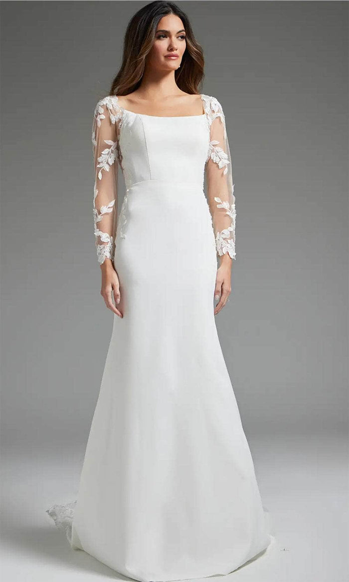 Jovani JB42297 - Leaf Appliqued Square Neck Bridal Gown Wedding Dresses 00 / Ivory/Nude