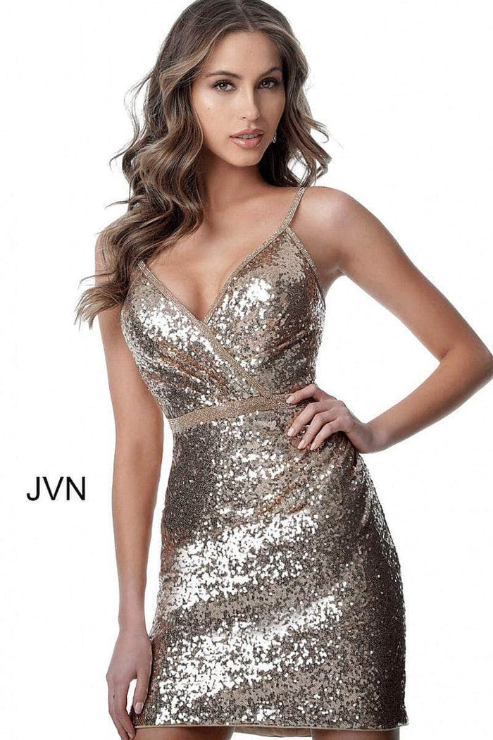 Jovani JVN2091A - Surplice V-Neck Sequin Cocktail Dress Special Occasion Dress 0 / Gold