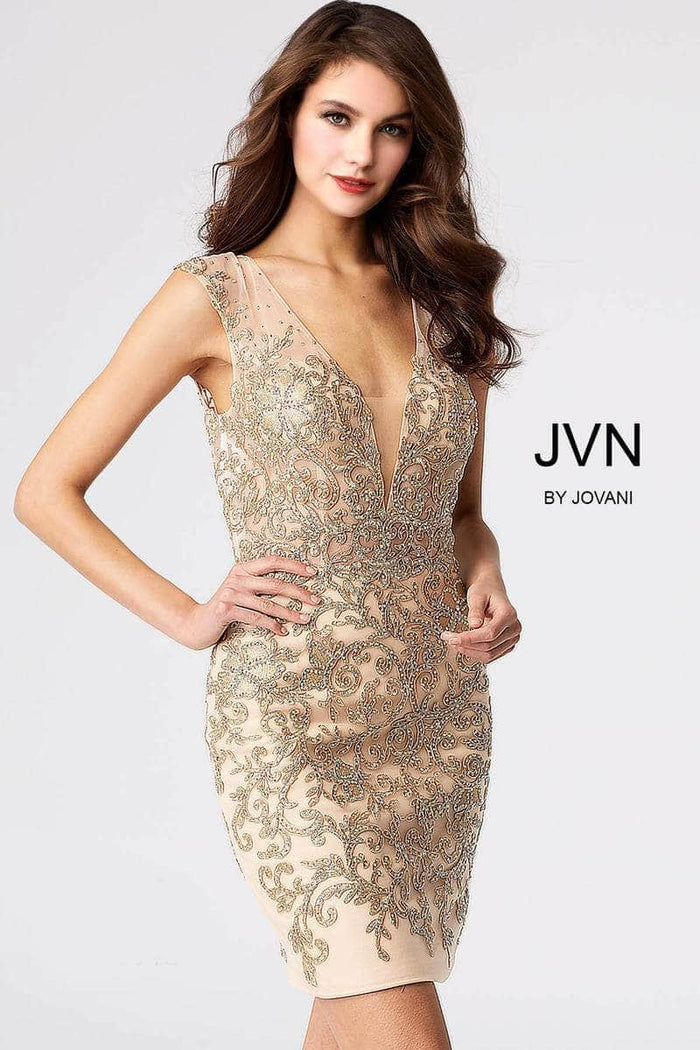 Jovani JVN55145ASC - Illusion Plunging V-Neck Cocktail Dress Special Occasion Dress 0 / Nude Gold