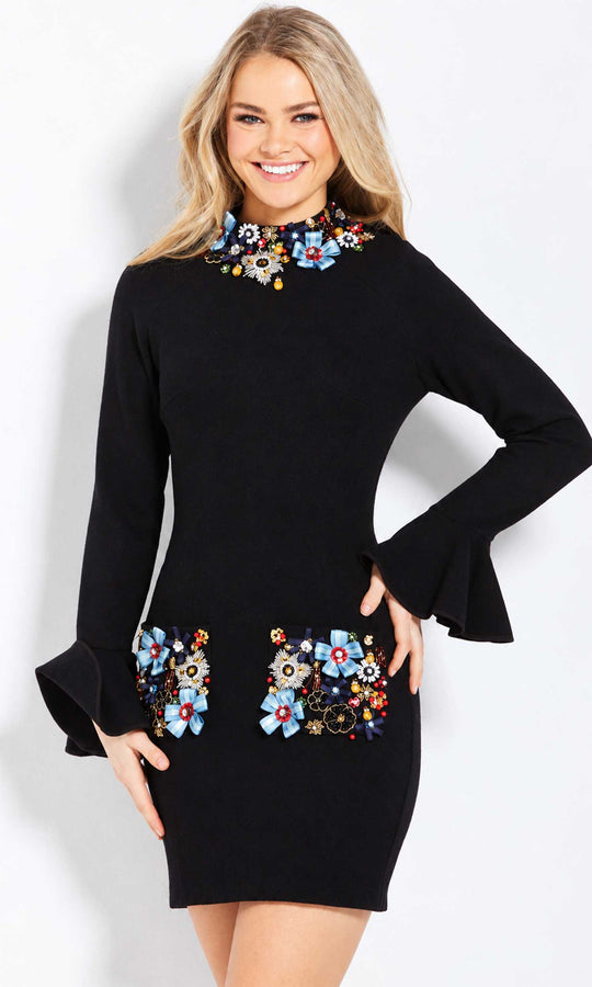 Jovani - M55211 Long Sleeve Multi Beaded Sheath Dress