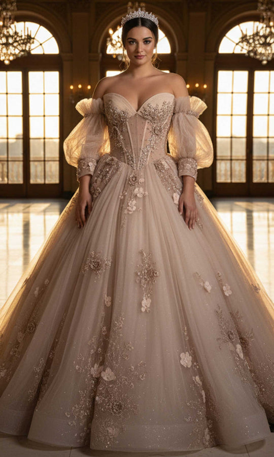 Jovani Q46662 - Off Shoulder Puff Sleeve Applique Ballgown