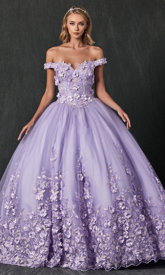 Juliet Dresses 1434 - Off Shoulder Sleeve Floral Ballgown