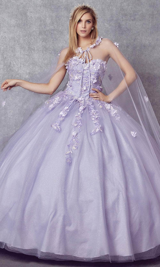 Juliet Dresses 1435 - 3D Floral Strapless Ballgown with Cape