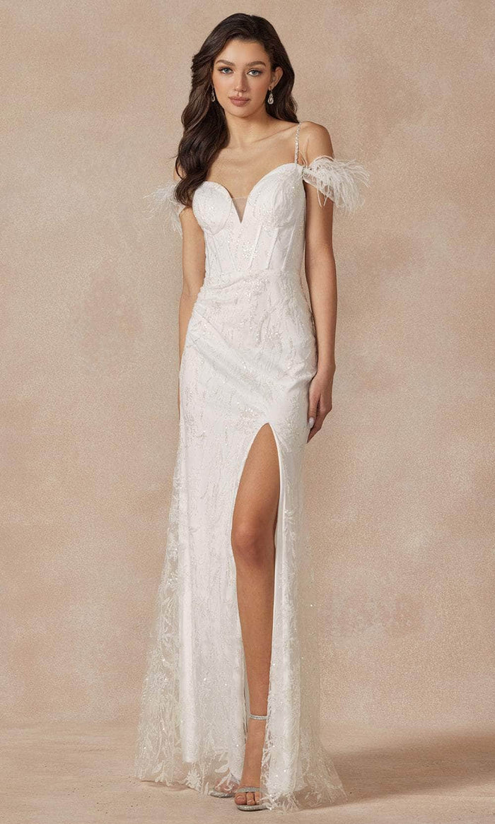 slim fit dress slacks Off-Shoulder Glitter Sequin Sheath Wedding Dress 2402W by Juliet Off White / M