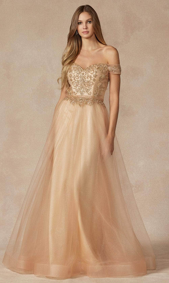 Juliet Dresses 287 - Off Shoulder Glitter Tulle Gown