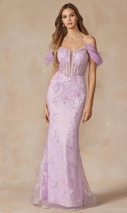 Juliet Dresses 288 - Feathered Off-Shoulder Sheath Gown