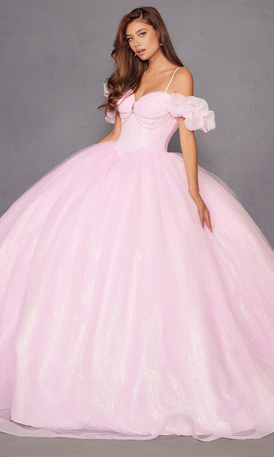 Juliet Dresses JT1487H - Chain Accent Off Shoulder Puff Sleeve Gown