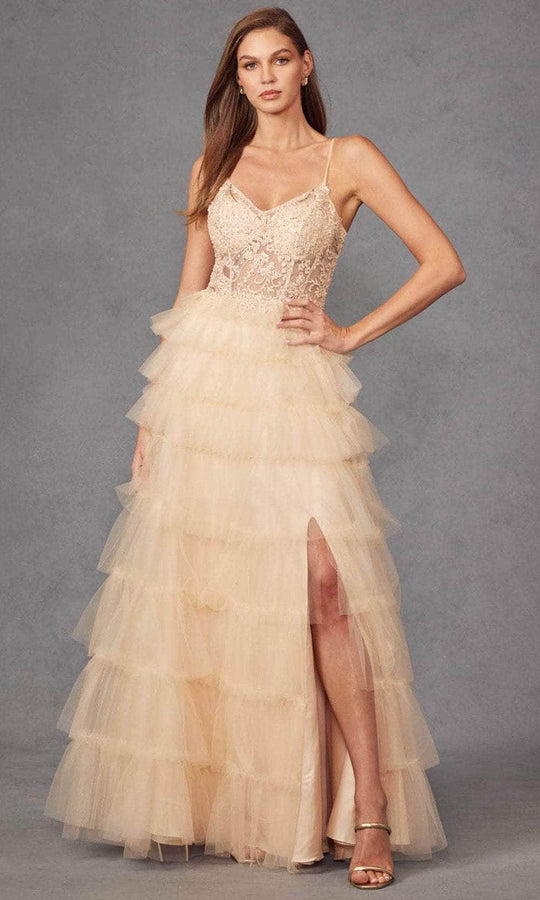 Juliet Dresses JT2451S - Beaded Appliqued Tiered Prom Gown