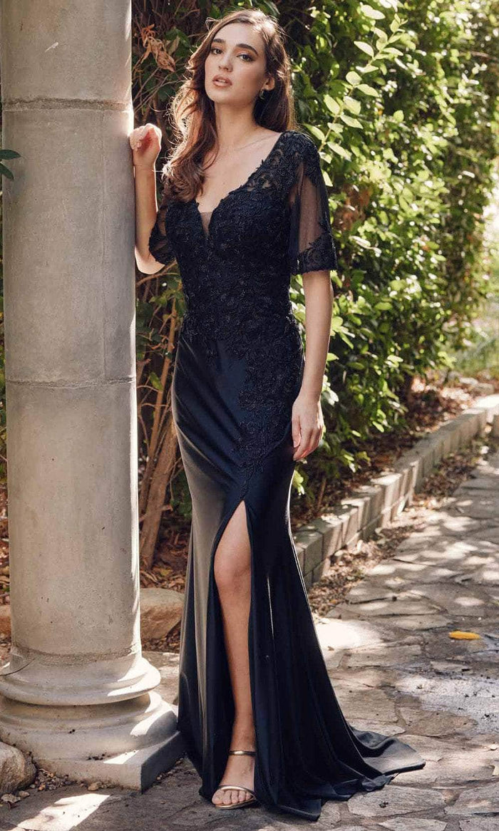 Juliet Dresses JTM15L - Plunging Beaded Embroidered Prom Gown Evening Dresses M / Black