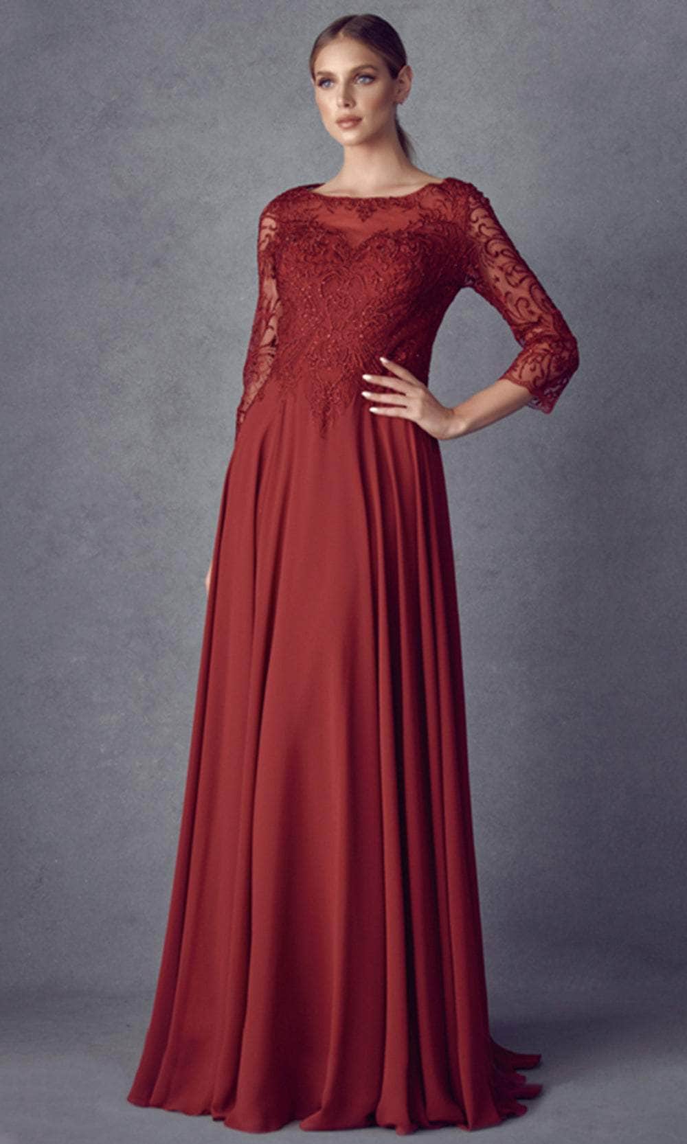 Juliet M11 Appliqued Long A-Line Dress Chiffon Quarter Sleeves