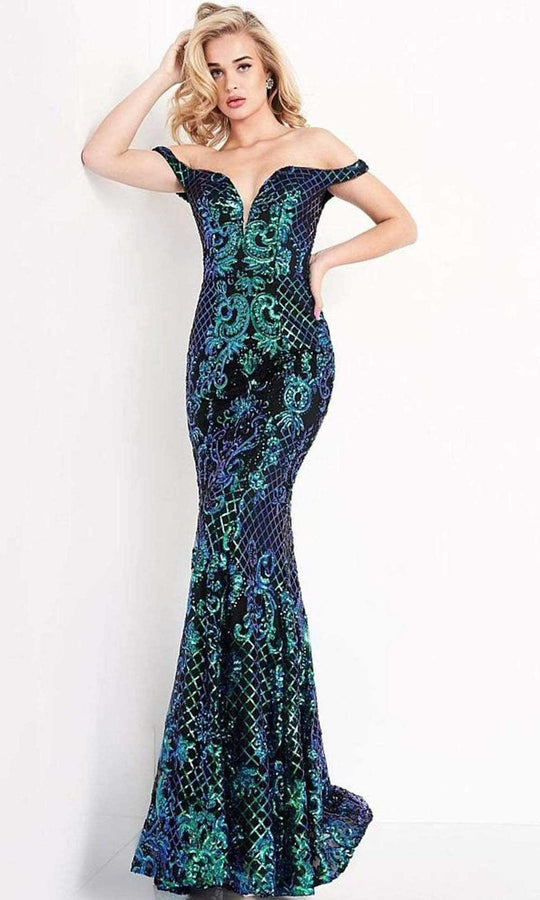 JVN by Jovani - JVN04515 Plunging Off Shoulder Neckline Embellished Gown
