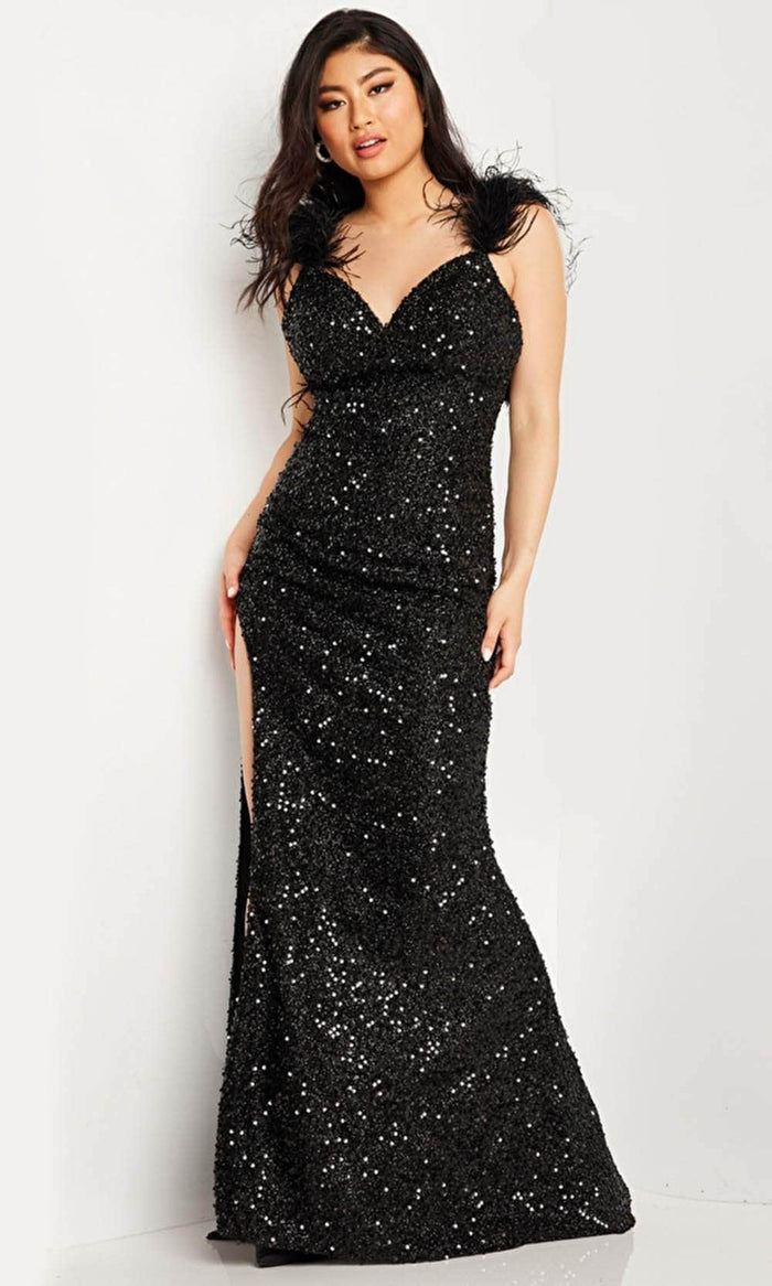 JVN by Jovani JVN36417 - Feather Detailed Sequin Evening Dress Evening Dresses 00 / Black