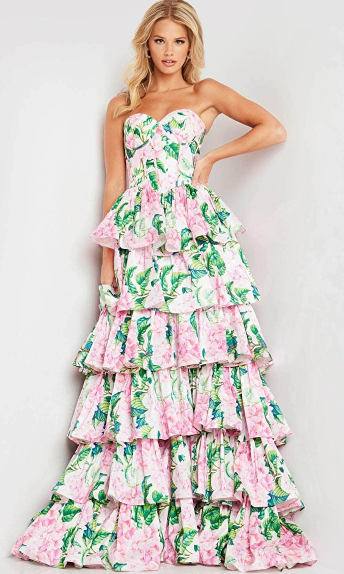 JVN by Jovani JVN37058 - Floral Print A-line Gown with Tiered Skirt Special Occasion Dress 00 / Print