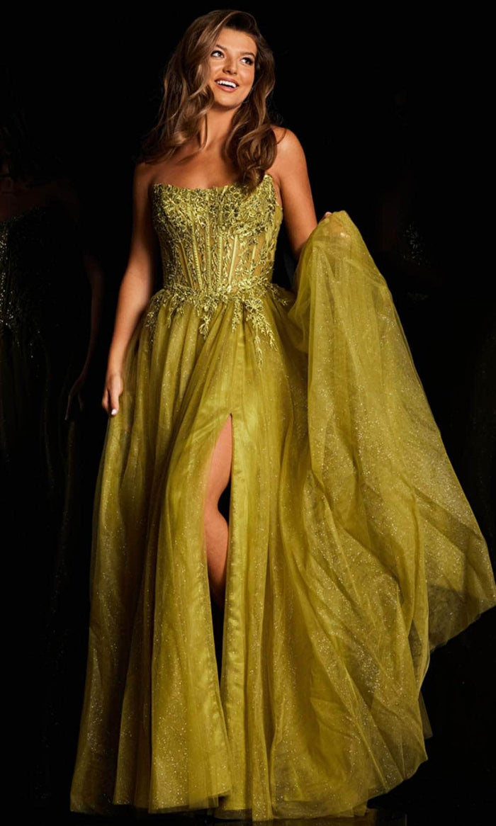 JVN by Jovani JVN37520 - Strapless Glitter Tulle Ballgown Ballgown Dresses 00 / Olive