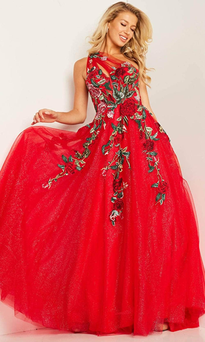 JVN by Jovani JVN38469 - Floral Embroidered One-Sleeve Ballgown Ballgown Dresses 00 / Red