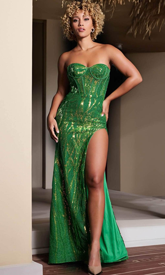 JVN by Jovani JVN38598 - Sequin Corset Bodice Prom Dress Prom Dresses 00 / Green