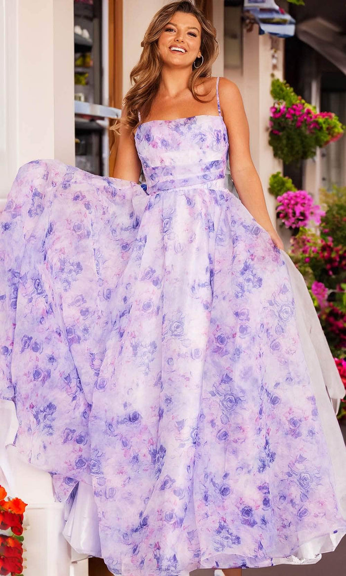 JVN by Jovani JVN38609 - Floral Print A-Line Prom Gown Special Occasion Dress 00 / Lilac