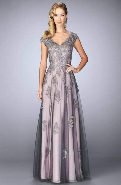 two tone lace dress La Femme 23449 V-Neck Evening Gown compatibleWithNavyOutfit Boucle Turtleneck Long Sleeve satin sash and elegantly Size:24M Carter's onesie