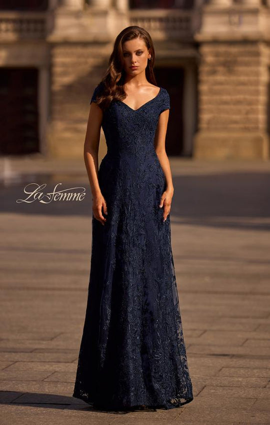 La Femme - 27915 Short Sleeve Floral Embroidered Dress