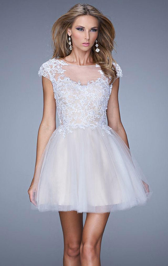 La Femme - Cap Sleeve Appliqued Illusion Bateau A-line Dress 20781SC