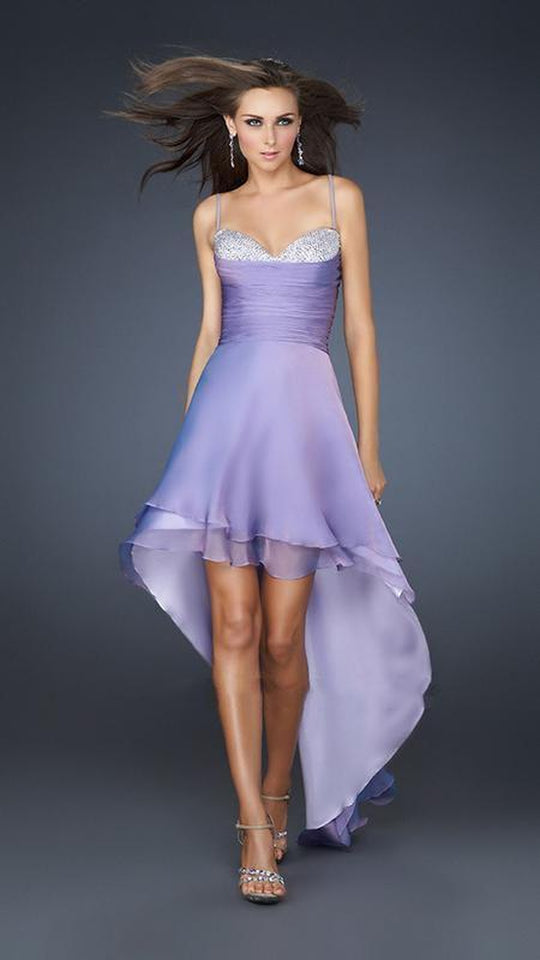 La Femme - 17141 Spaghetti Strap Sparkling Sweetheart Bust Hi-Low Style Dress