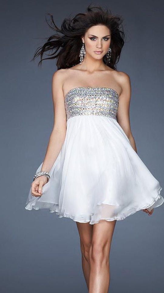 La Femme - 18063 Sequined Straight Neck Empire Waist A-line Dress