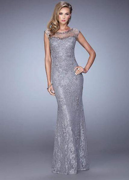 La Femme - Sparkling Lace Sheath Gown 20673 - 1 pc Platinum in Size 10 Available