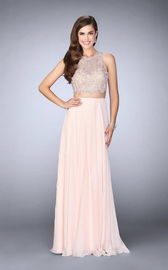 La Femme - 23775 Sleeveless Illusion Jewel Neck Two-piece Floral Laced Chiffon Dress