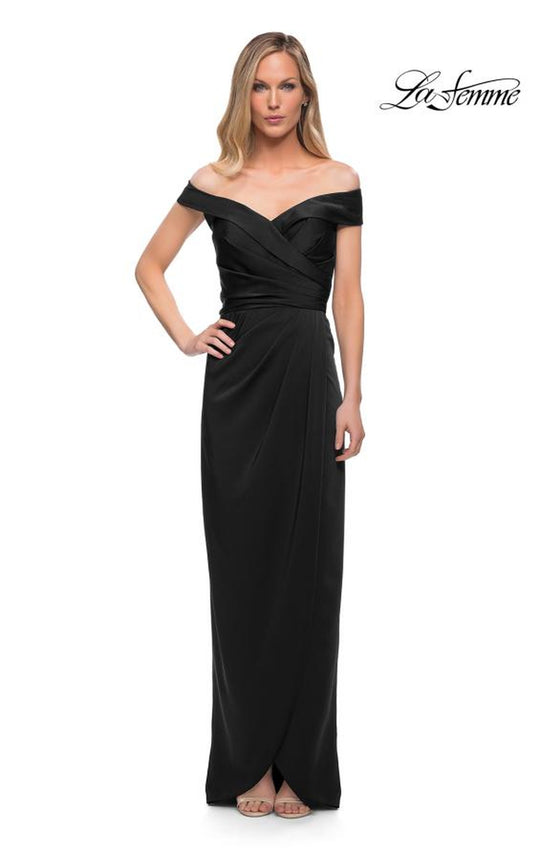 La Femme 25206 - Ruched Cap Sleeved Long Jersey Dress