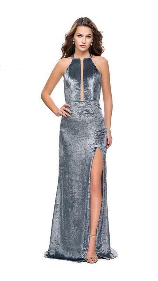 La Femme - 25861 Halter Neck Velvet Sheath Dress