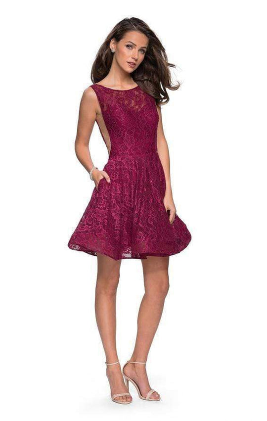 La Femme 26616SC Deep Scoop Back Beaded Lace Short Dress