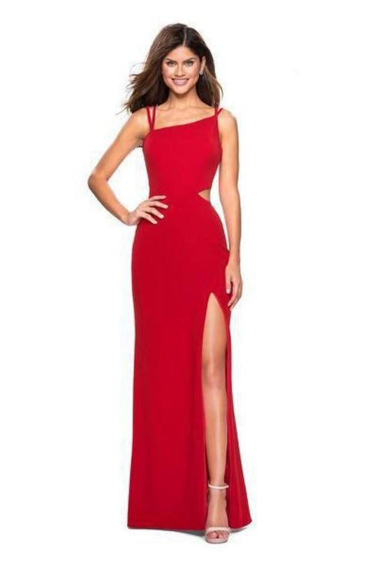 La Femme - 27126 Asymmetrical Neckline Strappy Jersey Evening Dress