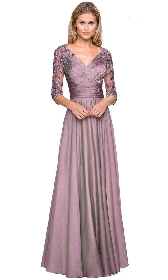 La Femme - 27153 Sheer Lace Quarter Sleeves Empire Waist Chiffon Gown