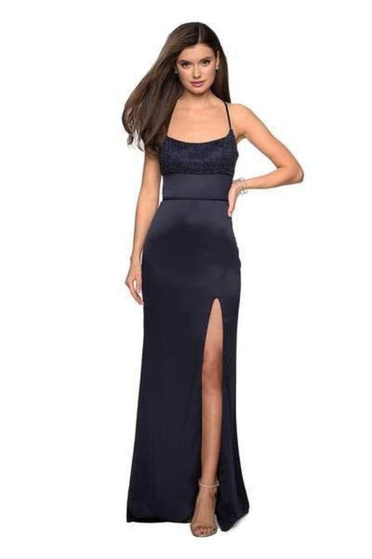 La Femme - 27274 Beaded Halter Sheath Satin Dress