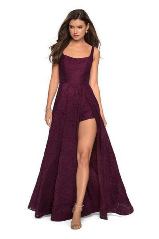 La Femme - 27476 Classy Allover Lace Organza Gown with Romper shorts